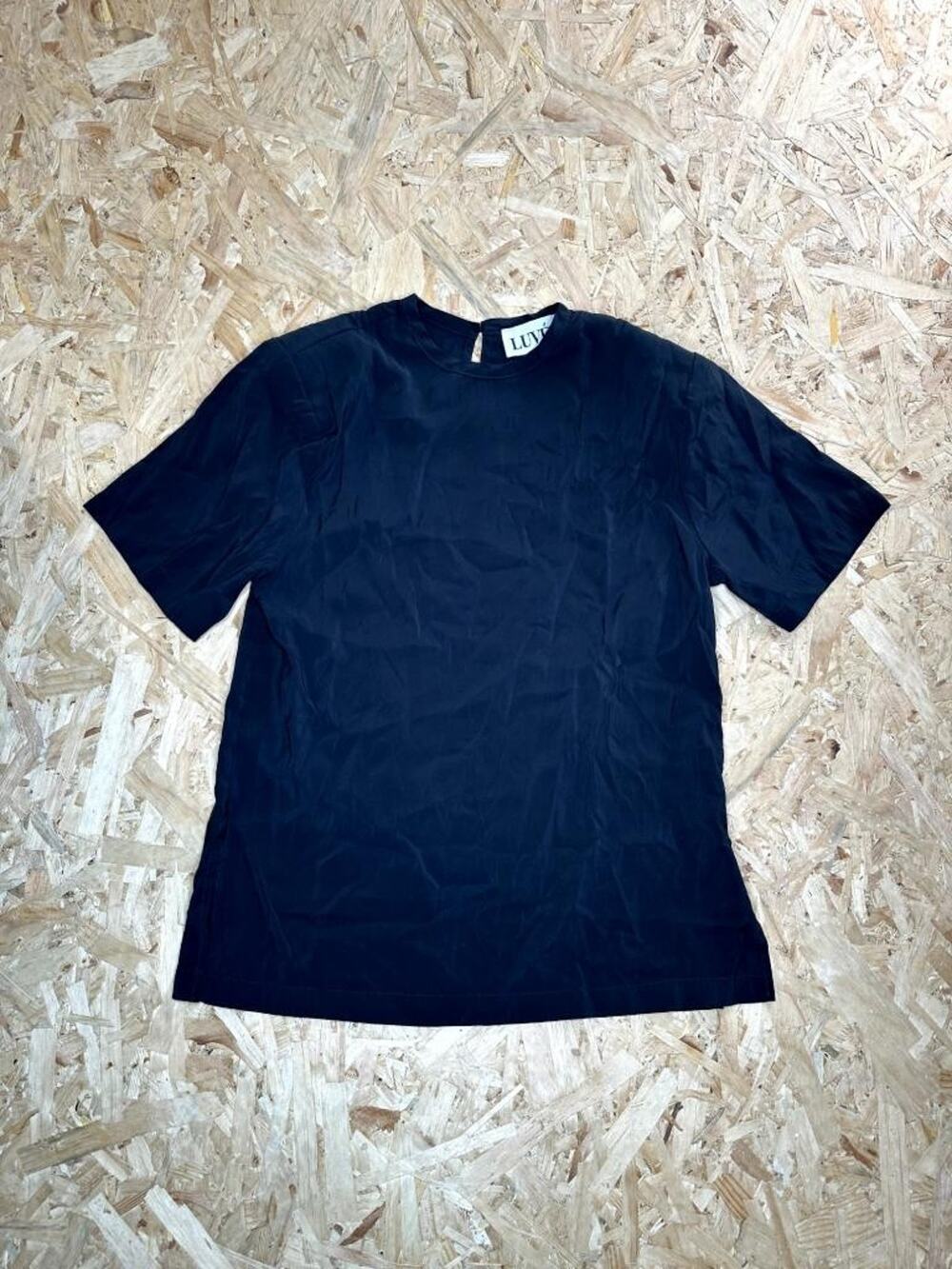 Luvee Black Short Sleeve Blouse Womens Small Crew Neck Keyhole Back Top